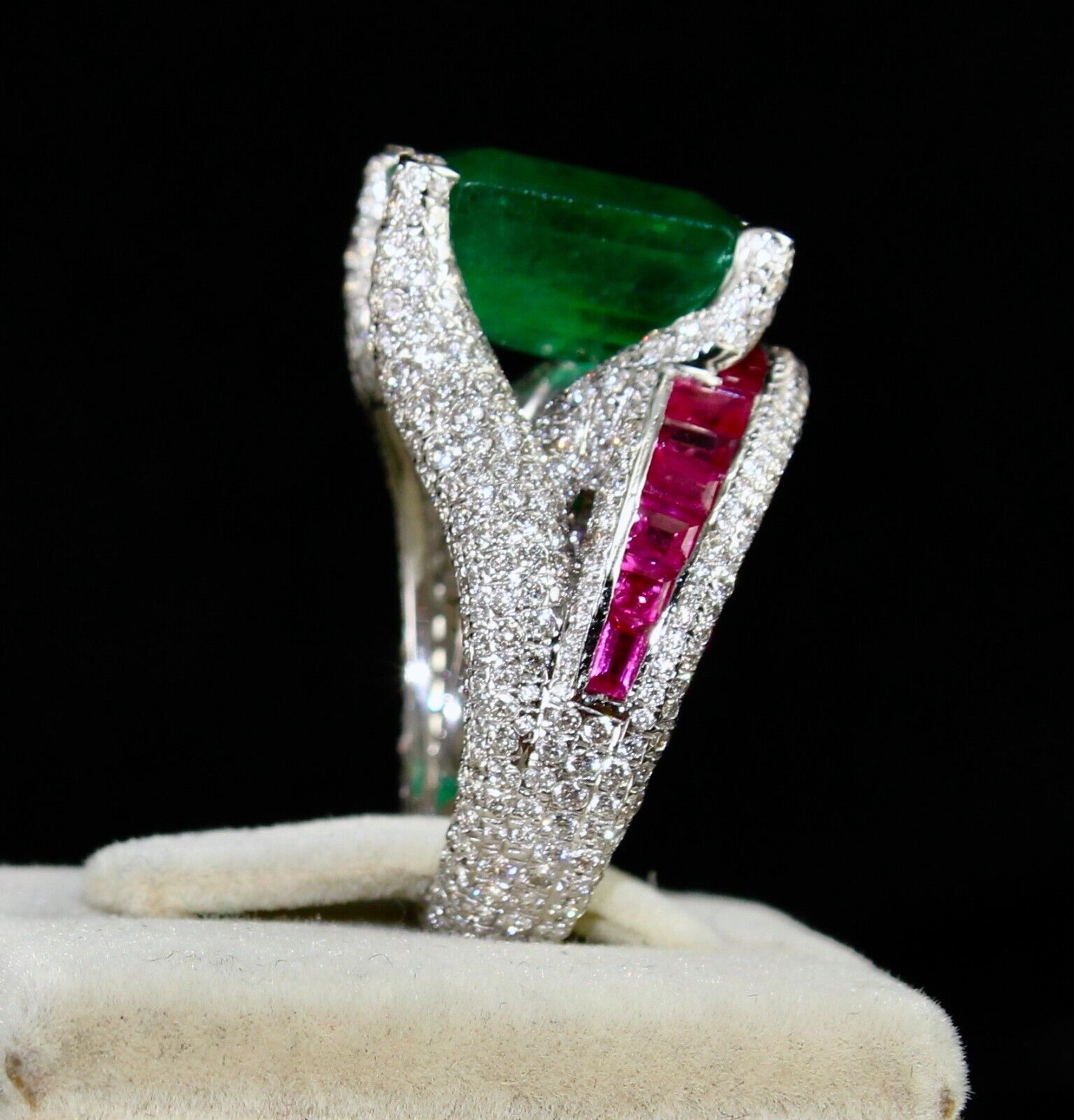 Zambia Emerald Octagon Ruby Cut Diamond Cocktail Ring, 18K Gold Statement Ring