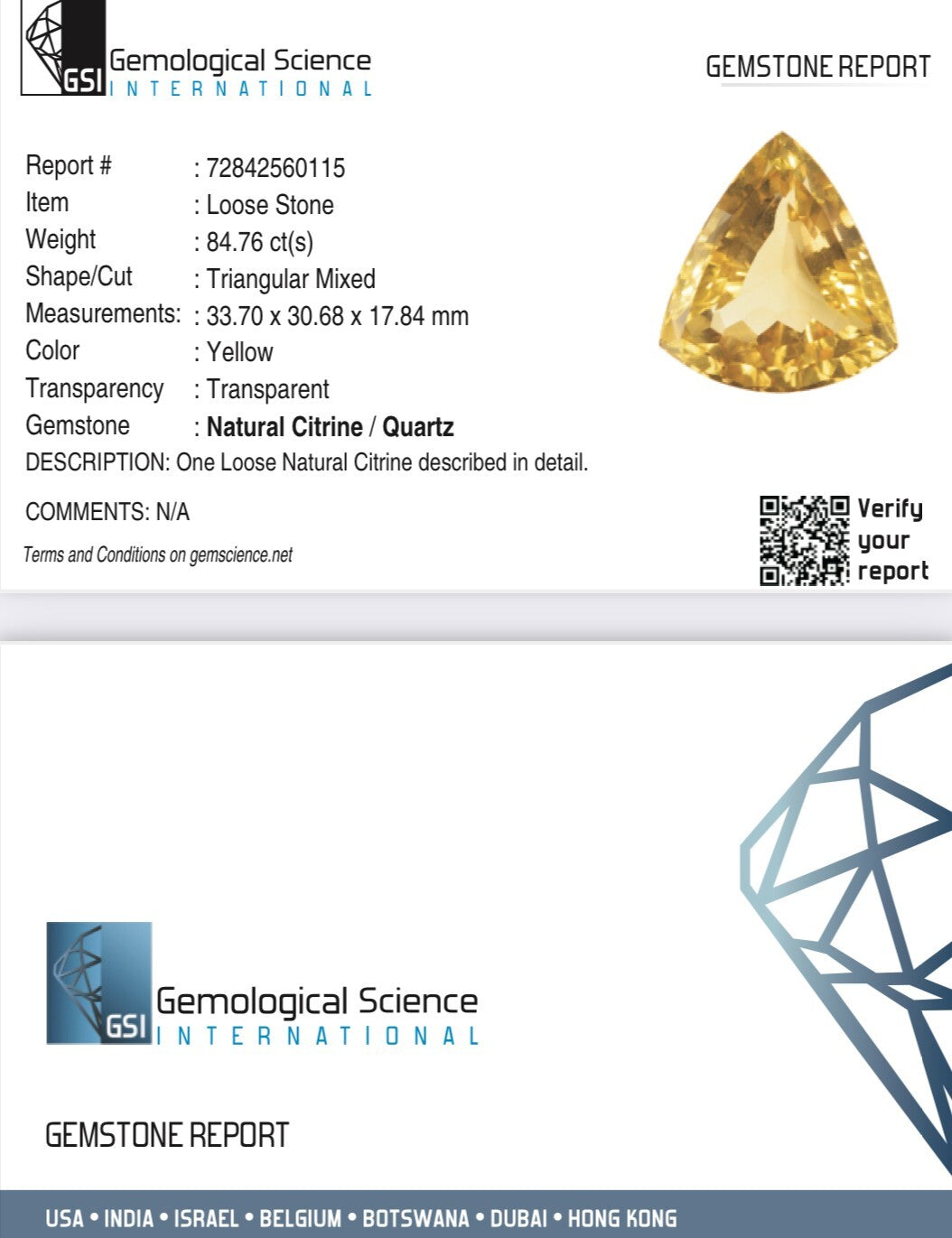 Certified Citrine Trillion 84.76 Ct Gemstone Pendant 34mm Loose Stone