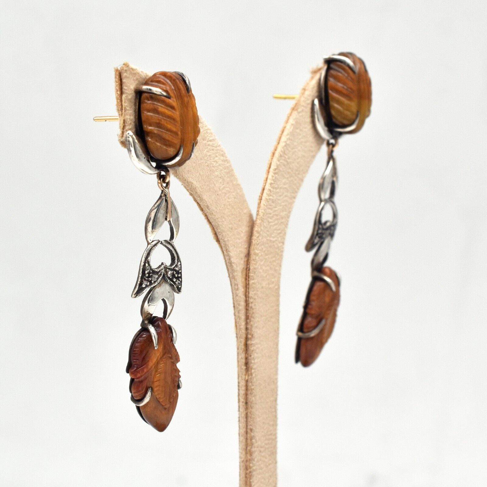 Estate Natural Tiger Eye Carved Diamond 18K Gold Silver Dangle Victorian Earring