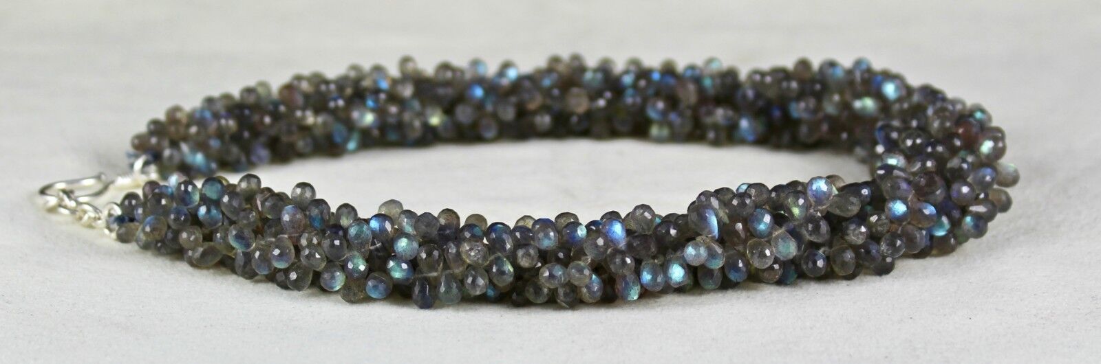 NATURAL LABRADORITE BEADS TEARDROPS 4 LINE 561 CARATS GEMSTONE SILVER NECKLACE