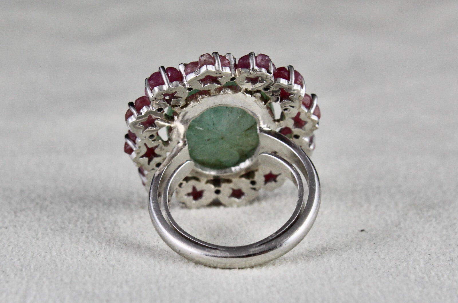 Certified Antique Emerald Ruby Carved 10ct Natural Diamond Sterling Silver Ring