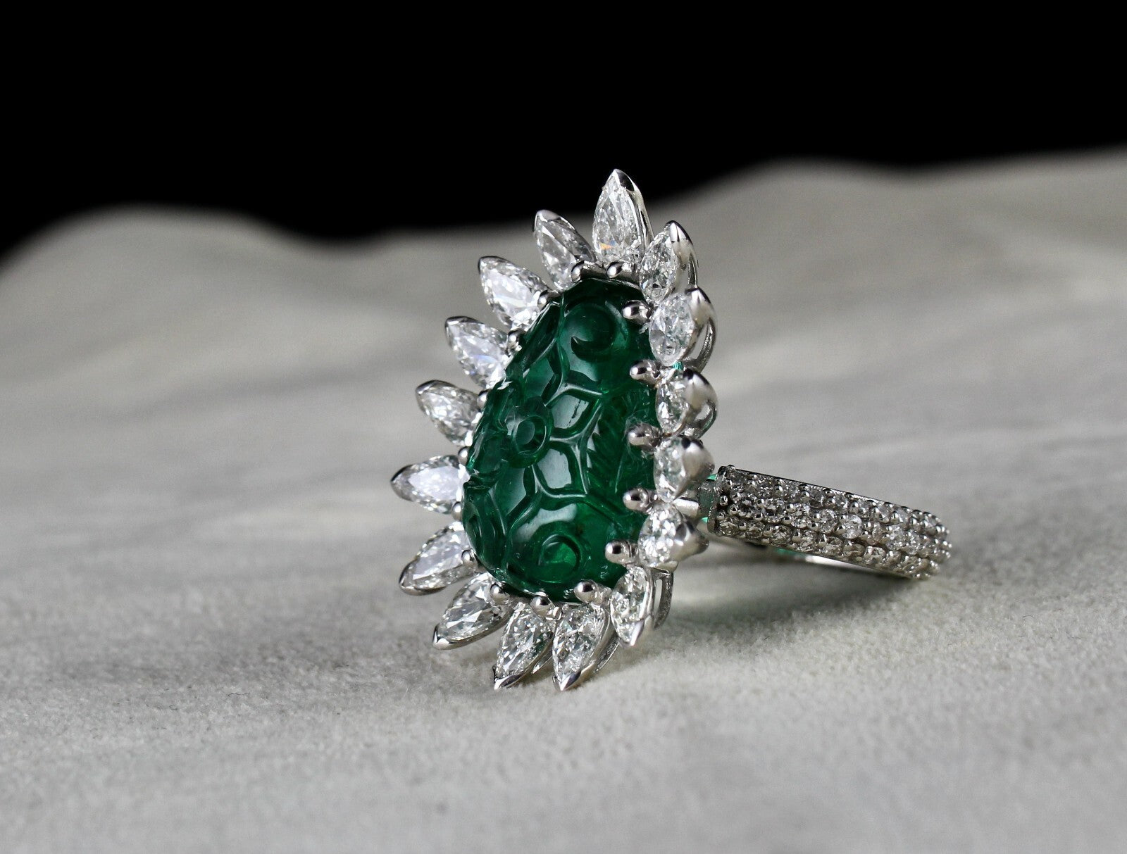 Certified Natural Zambian Emerald Carved Pear Natural Diamond 18k cocktail Ring