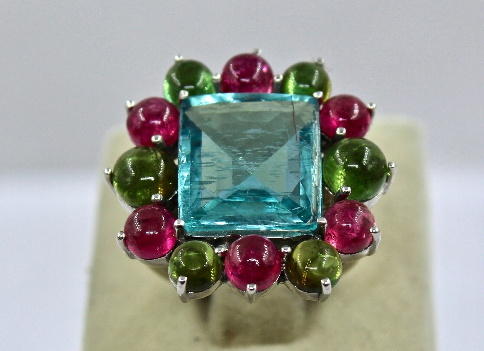 NATURAL AQUAMARINE SQUARE CUT MULTI TOURMALINE CABOCHON LADIES RING IN SILVER