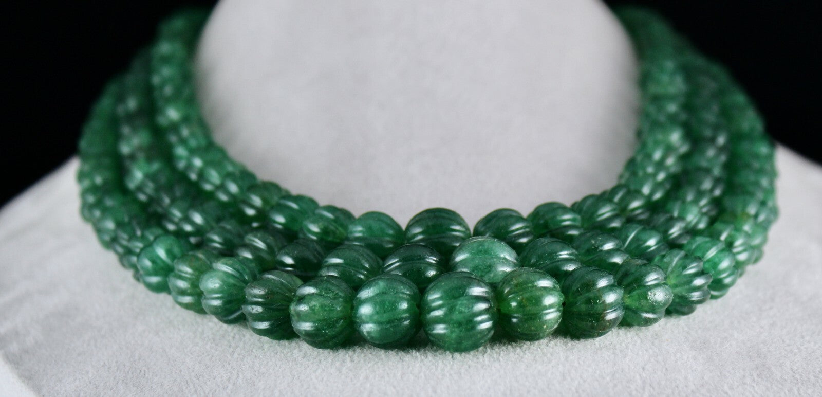 Emerald Green Quartz Melon Beaded Necklace 1486 Ct Carved Gemstone