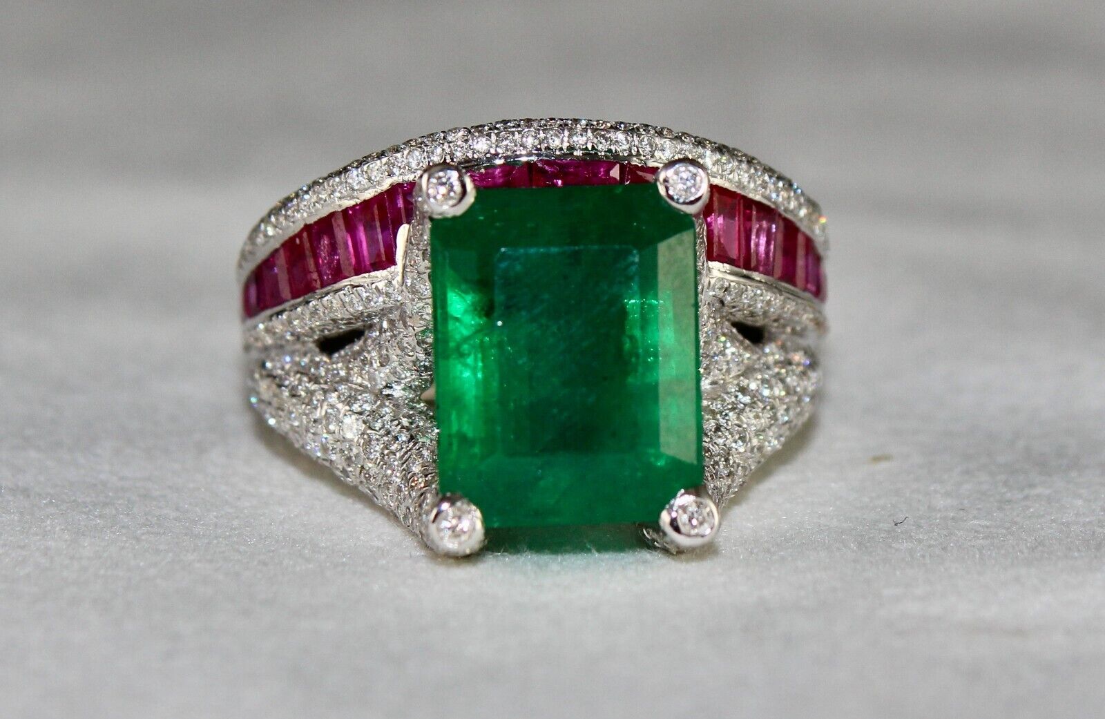 Zambia Emerald Octagon Ruby Cut Diamond Cocktail Ring, 18K Gold Statement Ring