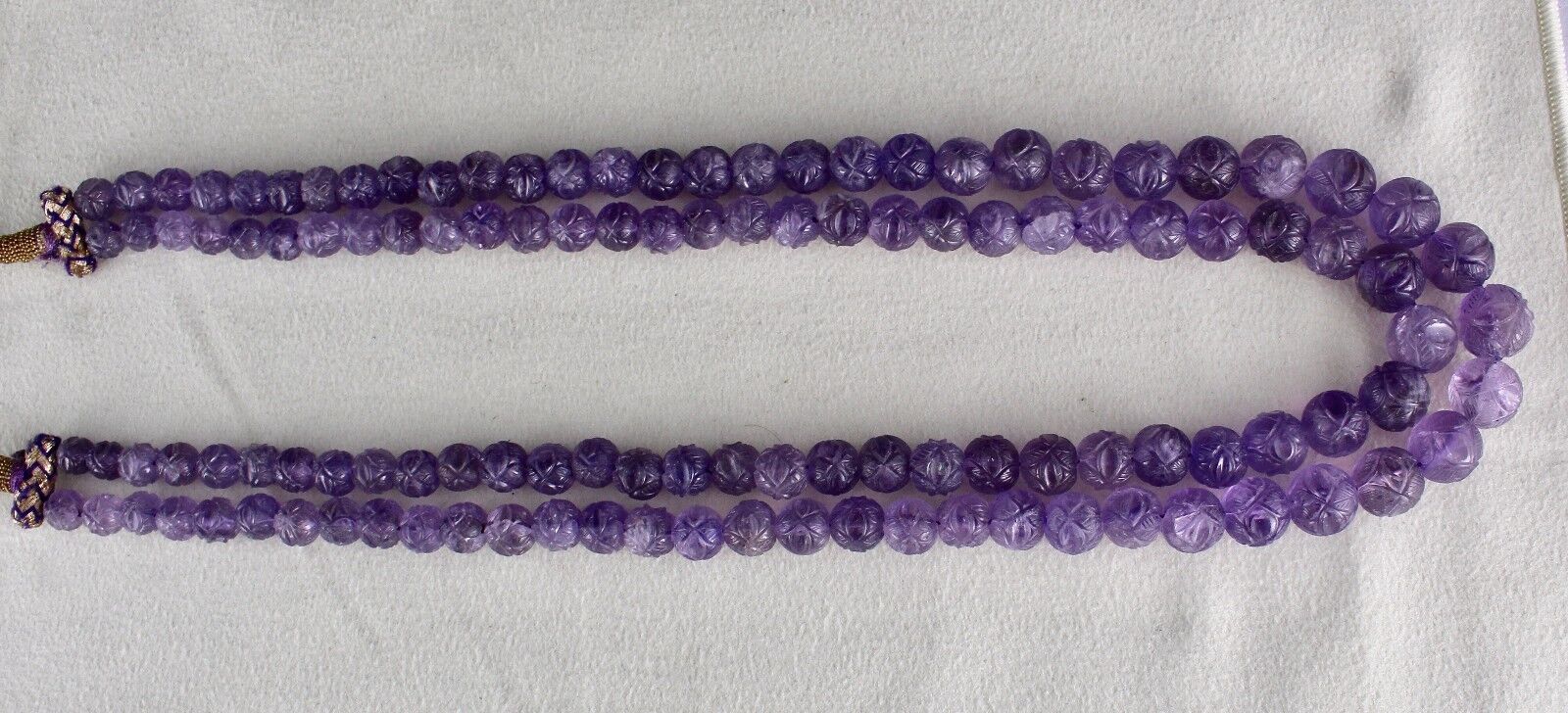 Natural Amethyst Beads Engraved 2 L 616 Ct Purple Gemstone Vintage Old Necklace