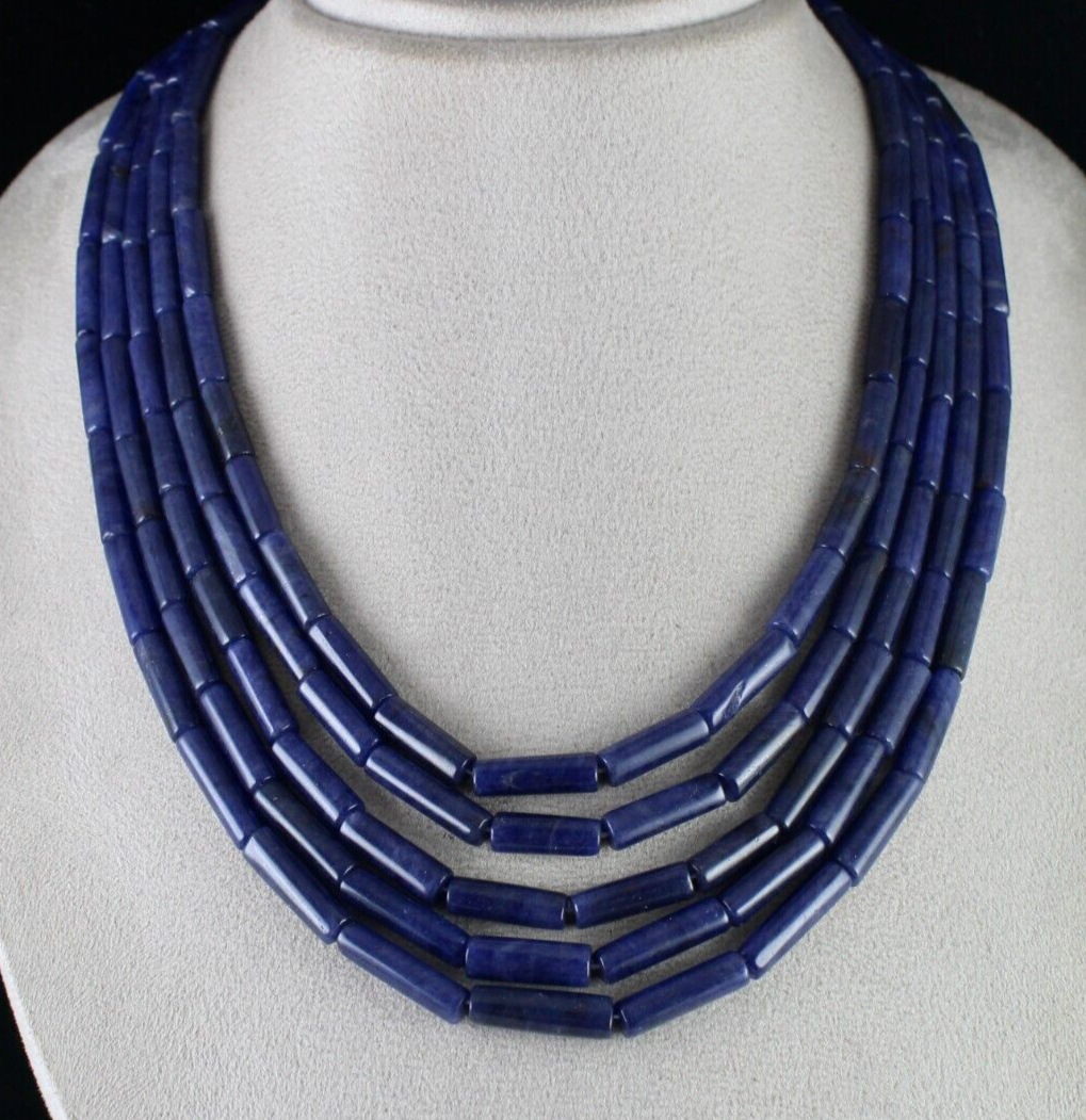 NATURAL BLUE AVENTURINE TUBE GEMSTONE 5 LINE 896 CT SEMI PRECIOUS BEADS NECKLACE