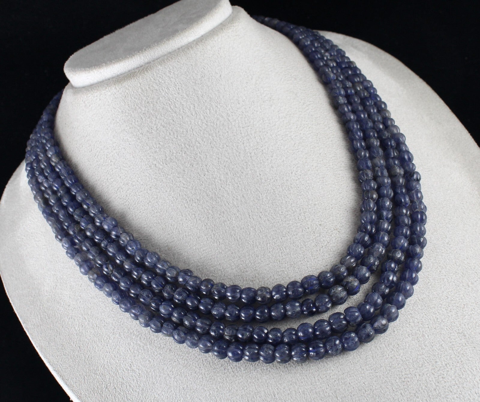 Natural Iolite Carved Melon Beads 602ct 4 Line Gemstone Fashion Necklace