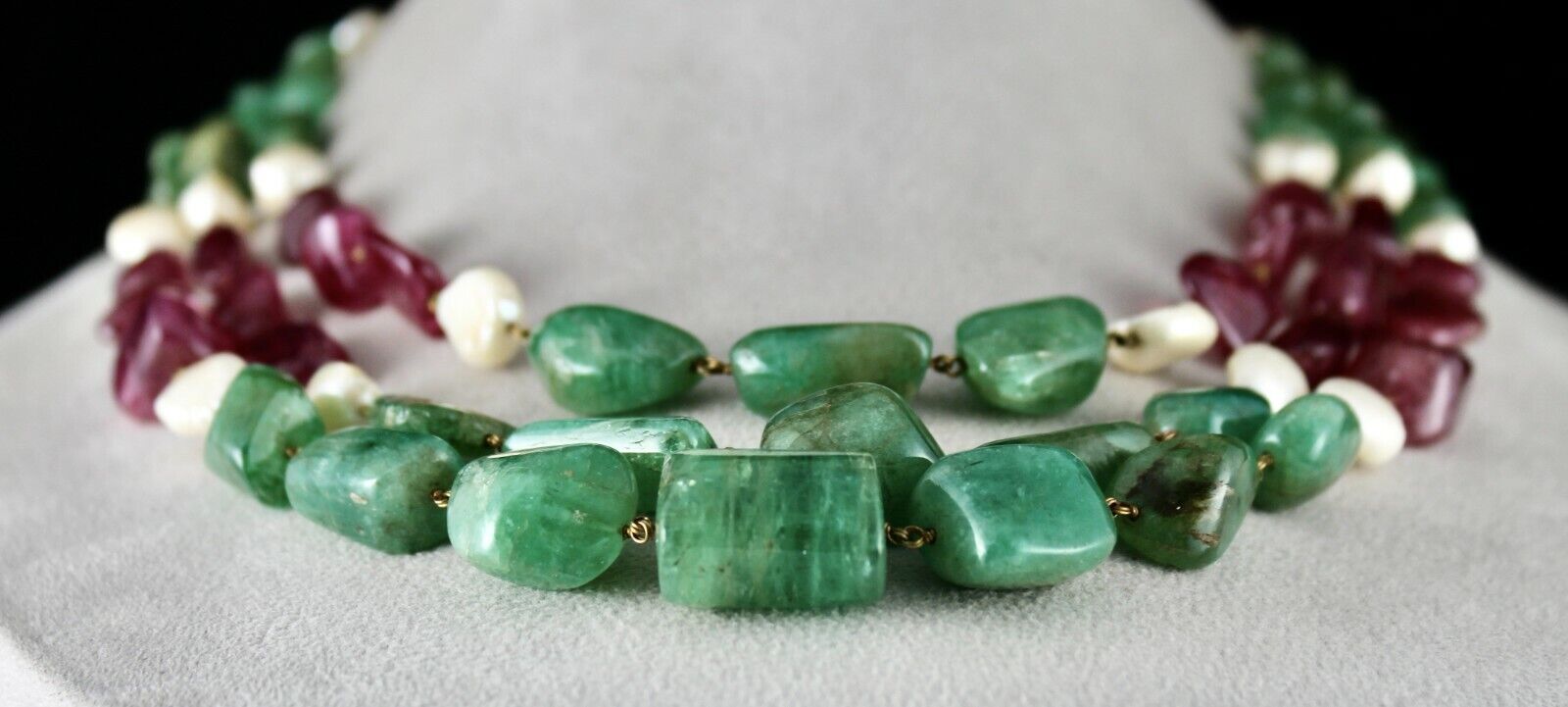 NATURAL EMERALD PINK TOURMALINE BEADS 940 CARATS PEARL 18K GOLD LADIES NECKLACE
