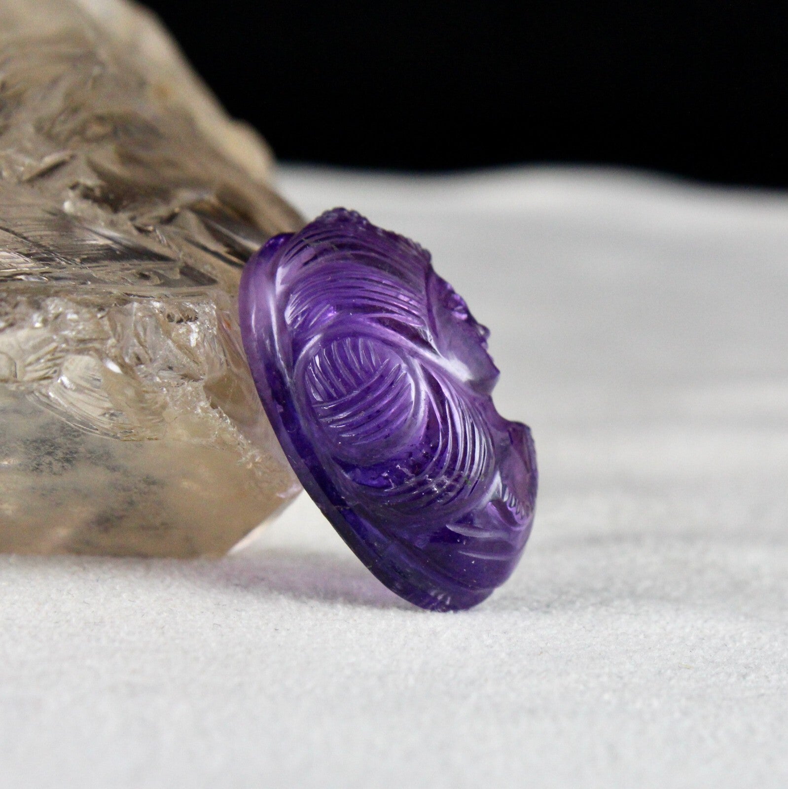 Natural Amethyst Engraved Face Cab Gemstone Pendant 28x18mm 42.11 Ct Designing