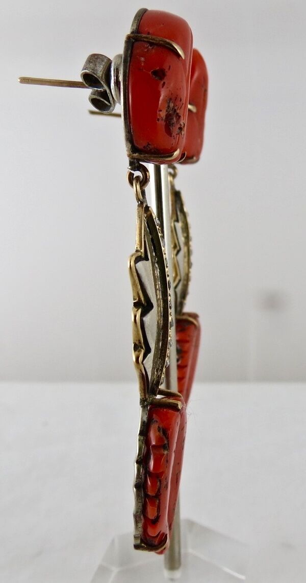 NATURAL CORAL CARVED 19.50 CARATS LEAVES DIAMOND 925 SILVER 18K GOLD EARRING