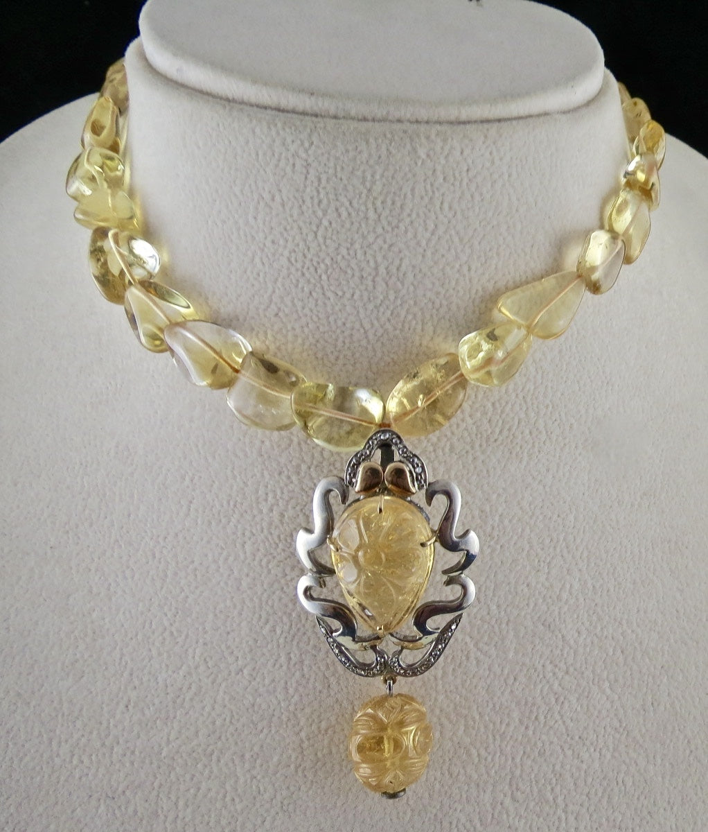 Citrine Diamond 284ct Sterling Silver 18k Gold Victorian Pendant Necklace