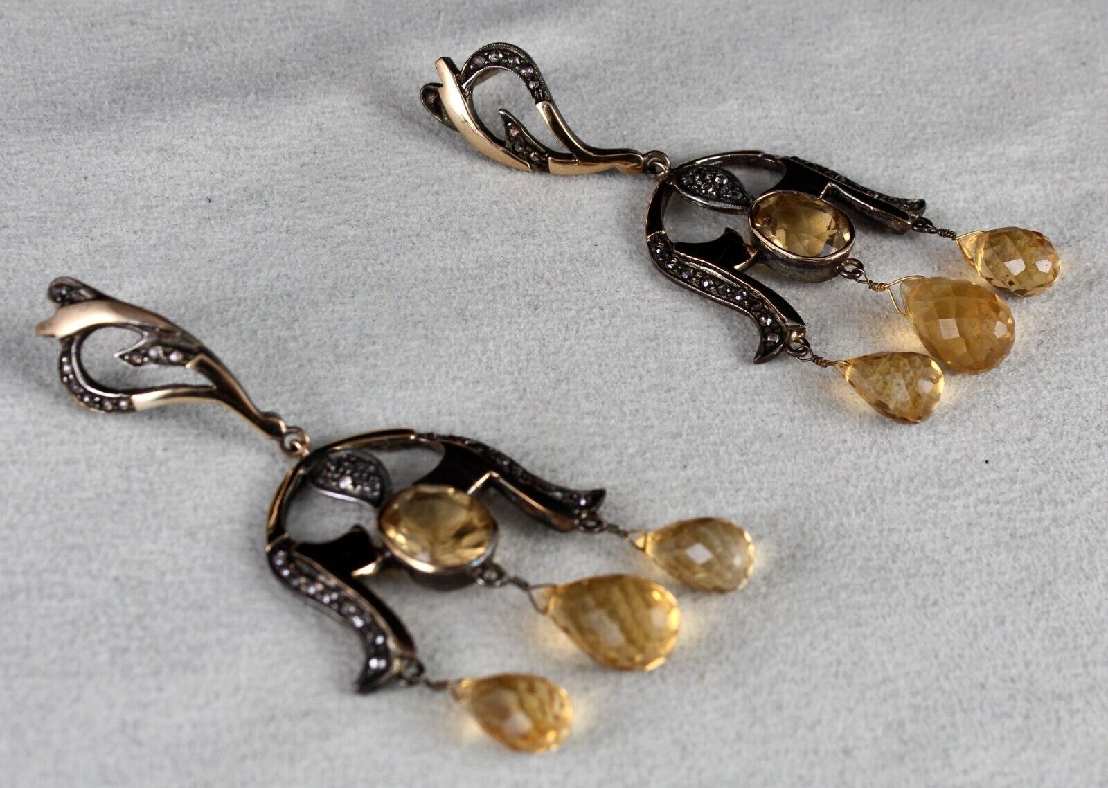 Natural Yellow Citrine Cut Diamond 18K Gold 925 Silver Victorian Vintage Earring