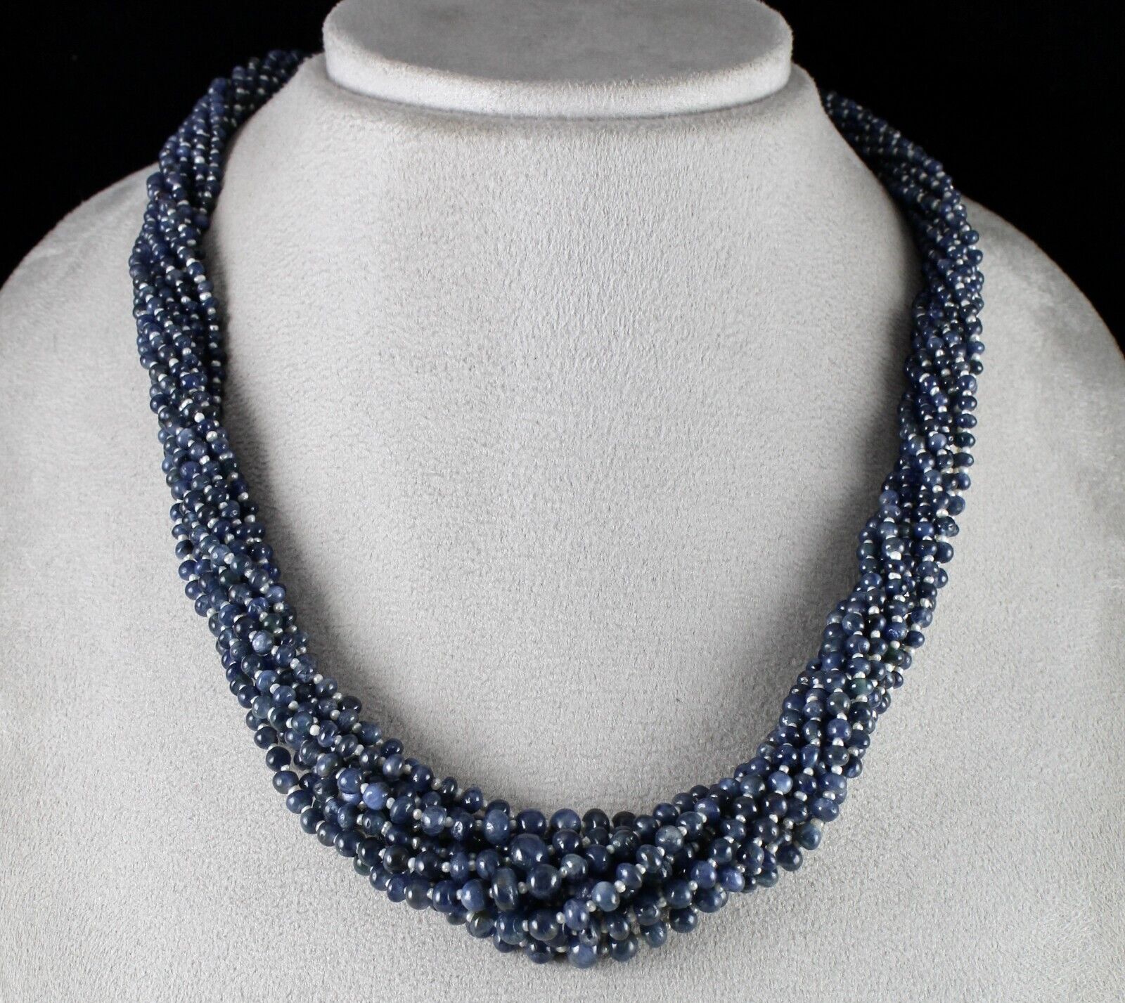 Certified Blue Sapphire & Pearl Round Beaded Necklace -11 L/649 Ct /Silver Clasp