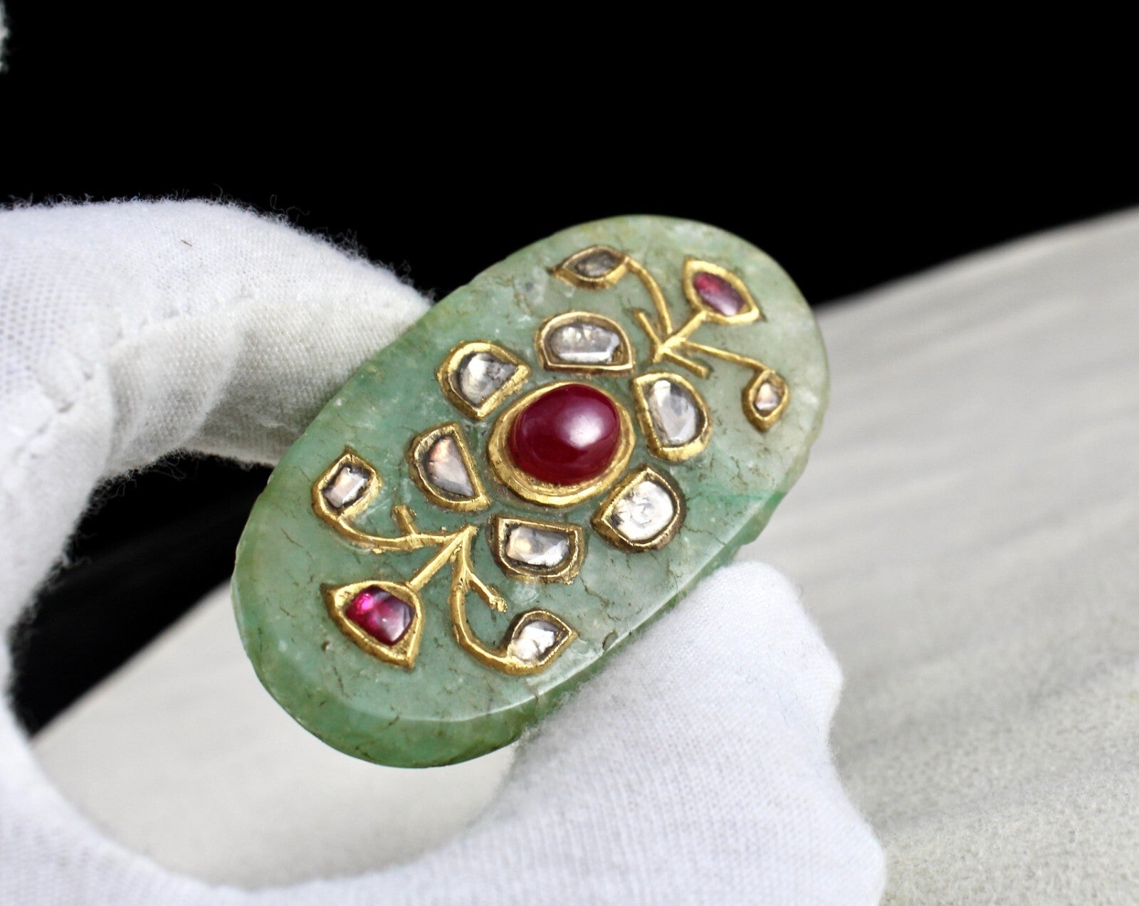 Certified Mughal Carved Emerald Quartz 10ct Ruby Natural Diamond 22k Gold