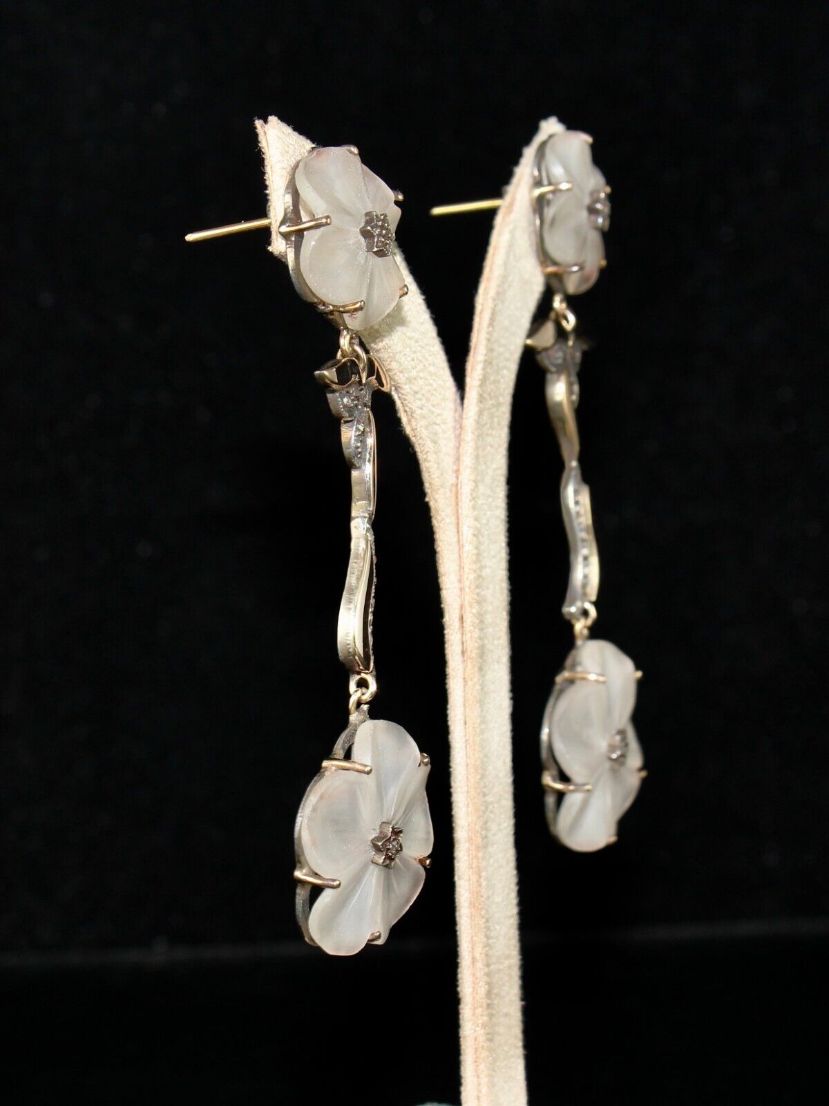 NATURAL ROCK CRYSTAL QUARTZ CARVED DIAMOND 18K GOLD 925 SILVER VICTORIAN EARRING