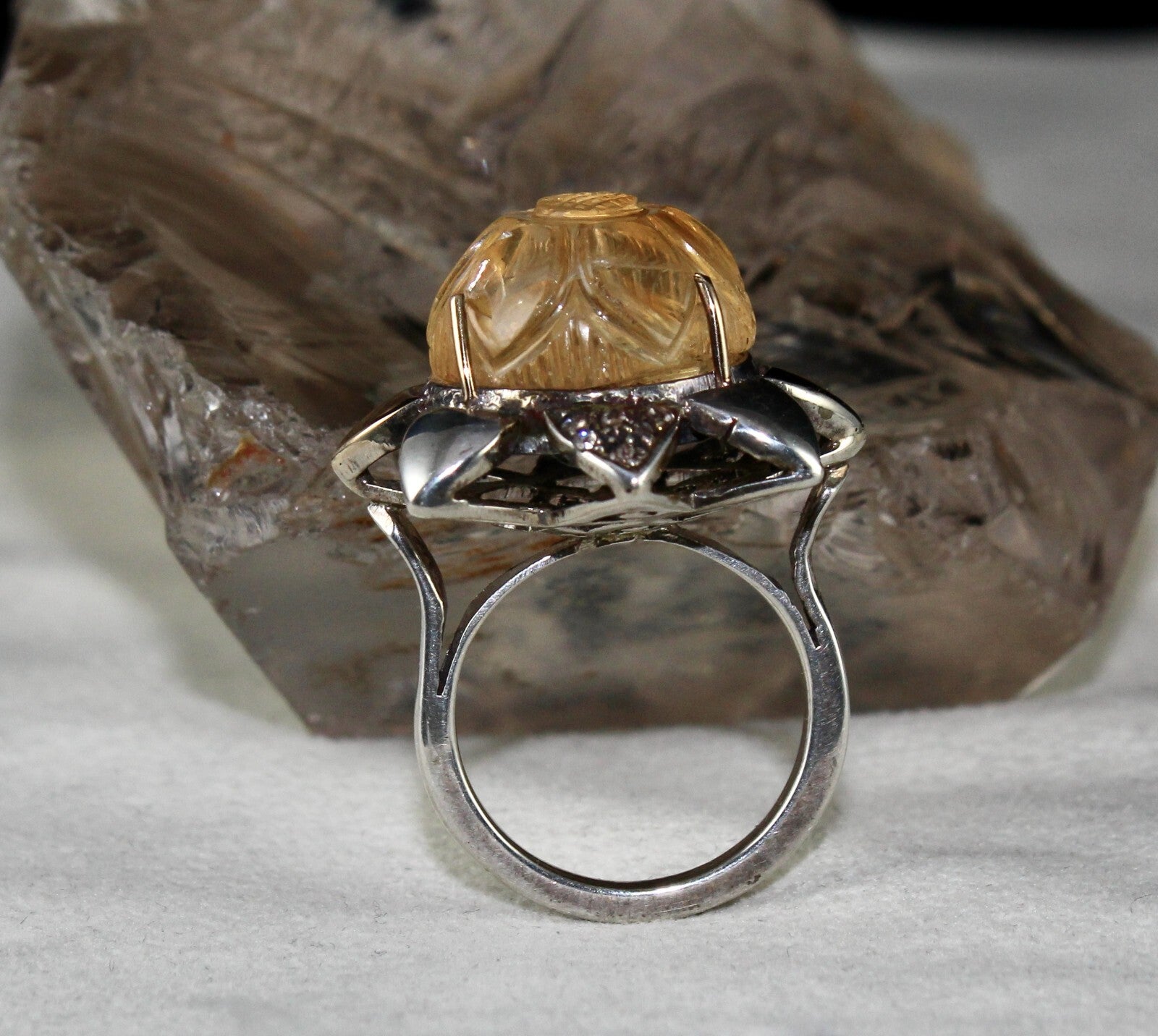 Antique Yellow Citrine 68ct Natural Diamond 18k Gold 925 Sterling Silver Ring