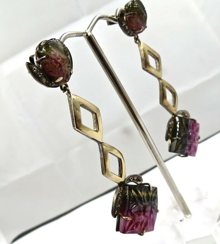 NATURAL MULTI TOURMALINE GEMSTONE DIAMOND 18K GOLD 925 SILVER VICTORIAN EARRING