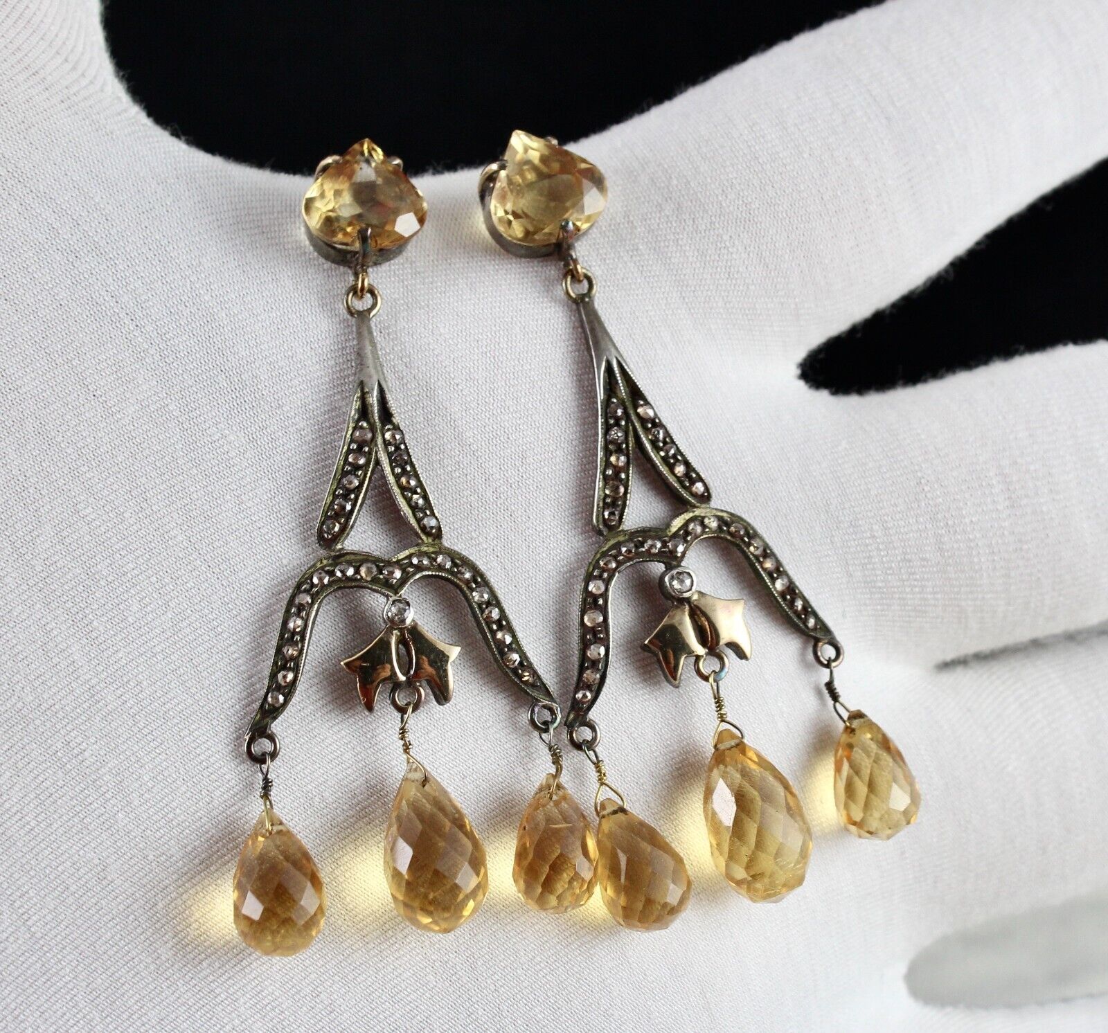 NATURAL CITRINE CUT DROPS DIAMOND 18K GOLD & 925 SILVER VICTORIAN ESTATE EARRING