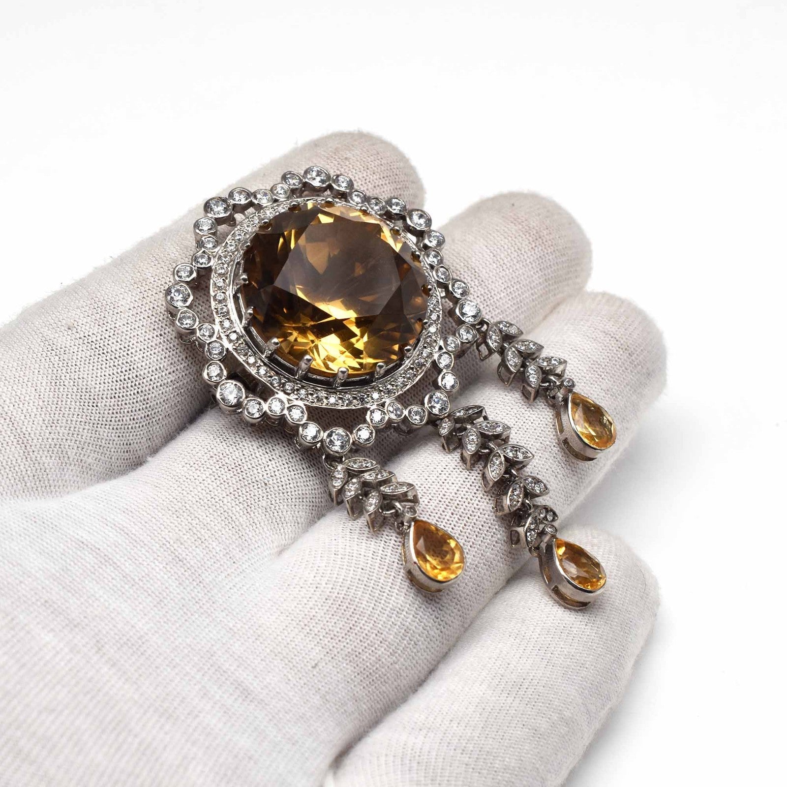 Natural Yellow Citrine Round Cubic Zirconia Stone Silver Brooch Pendant Unisex