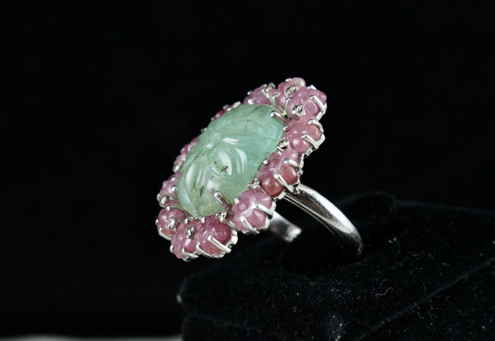 Antique Natural Emerald Ruby Carved Gemstone Diamond Silver Big Cocktail Ring