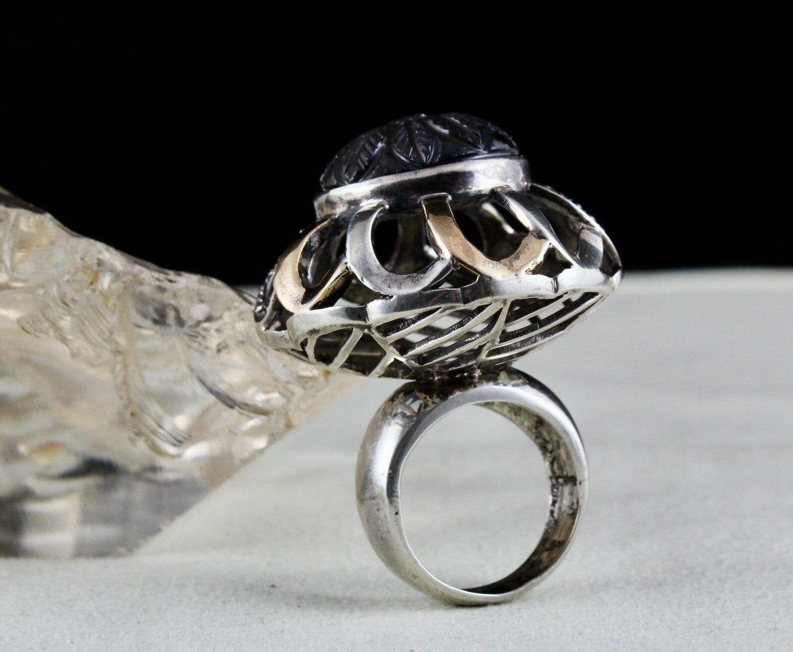 Natural Iolite 126ct Natural Diamond 18k Gold Silver Victorian Cocktail Ring