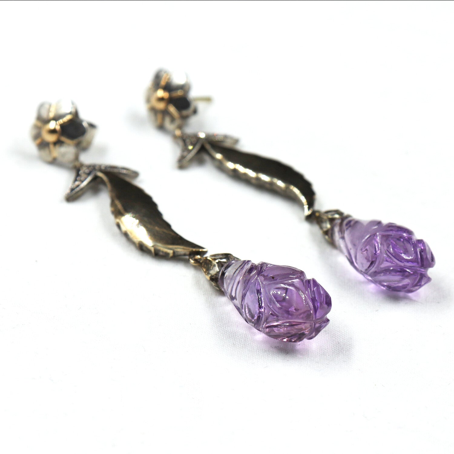 Victorian 18k Gold & 925 Sterling Silver Amethyst 10ct Natural Diamond Earring
