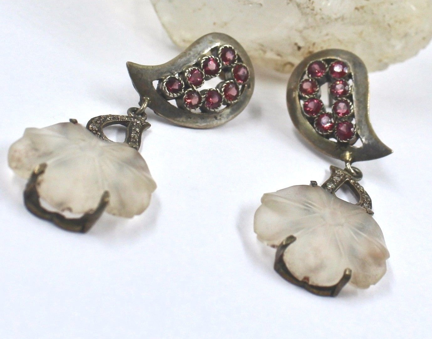 Designer Garnet 59.8ct Crystal Quartz Natural Diamond Sterling Silver Earrings