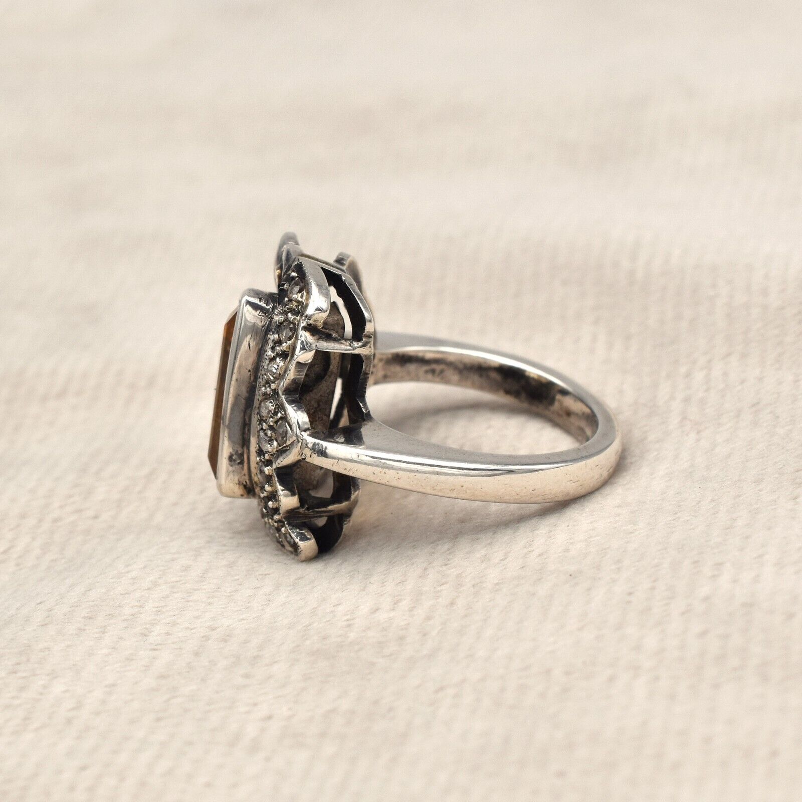 Vintage Natural Yellow Citrine Diamond 18K Gold Silver Victorian Women Ring
