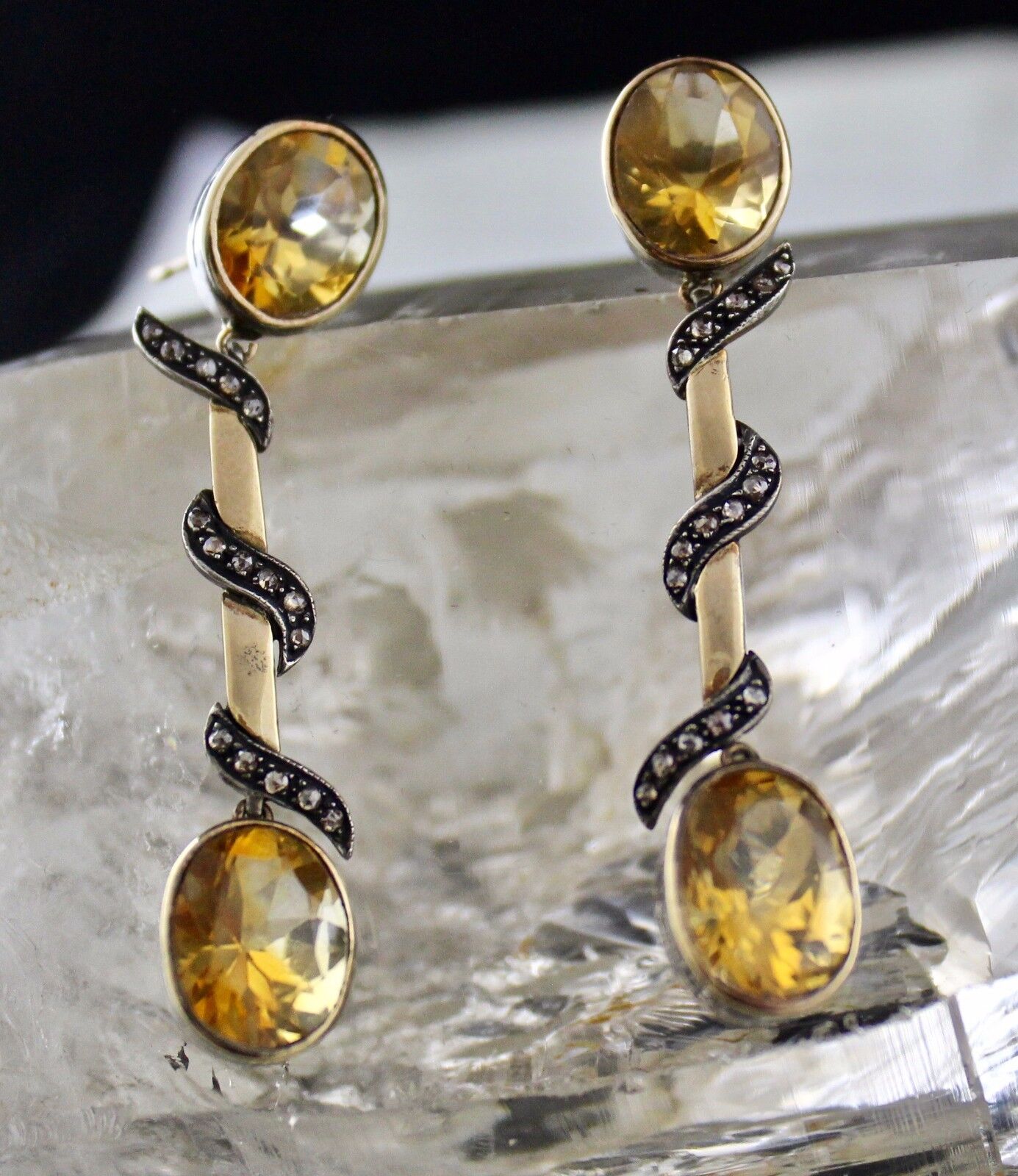 Unique Natural Yellow Citrine Oval Diamond 18K Gold 925 Silver Victorian Earring