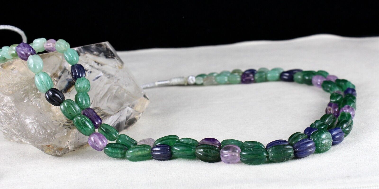 MULTI MIX CARVED SEMI-PRECIOUS BEADS 2 LINE 397 CARATS GEMSTONE FASHION NECKLACE