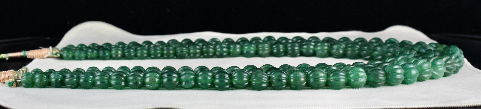 Emerald Green Quartz Melon Beaded Necklace 1486 Ct Carved Gemstone