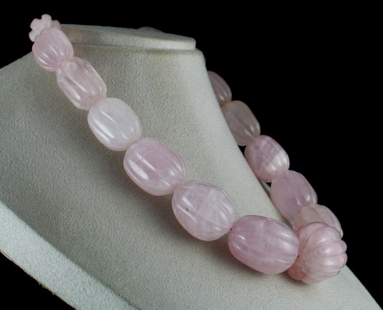 Rose Quartz Carved Beaded Necklace 1 L 1955 Carats Natural Gemstone Silver Clasp