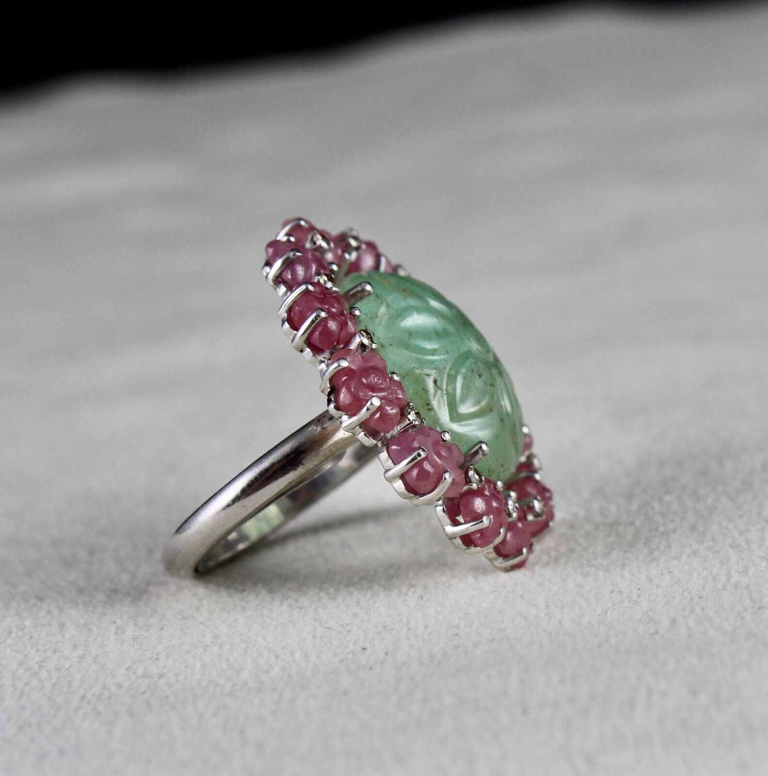 Antique Natural Emerald Ruby Carved Gemstone Diamond Silver Big Cocktail Ring
