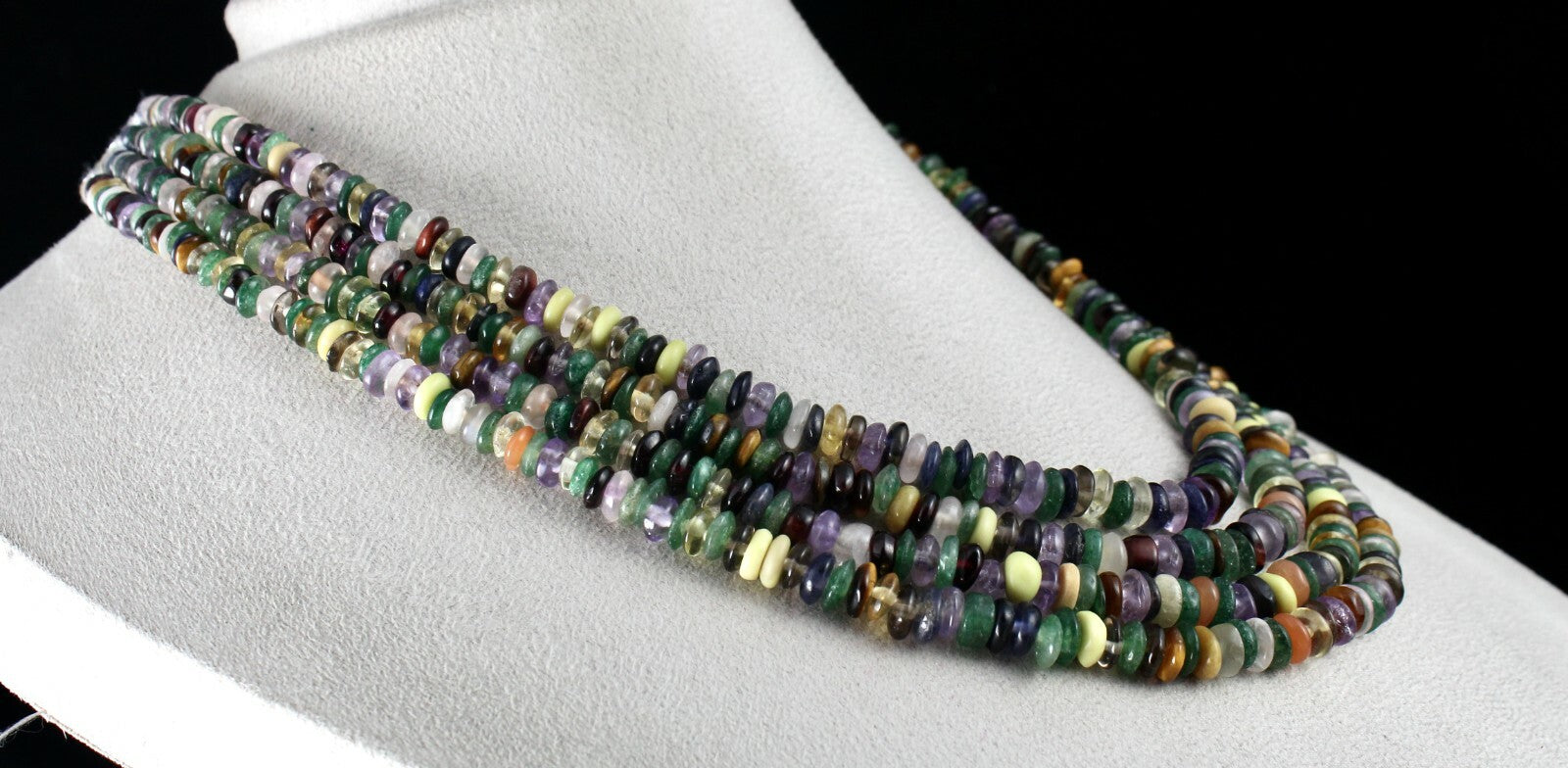 Old Multi Natural Semi Precious 660 Ct Beads Button Gemstone Necklace 4 Line