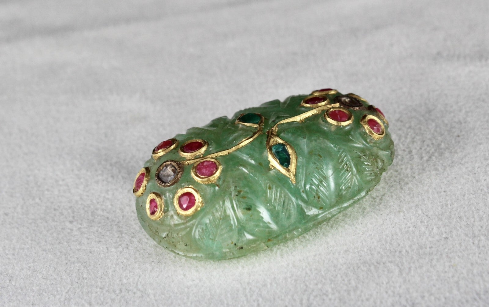 Certified Mughal Emerald Quartz 10ct Carved Natural Diamond Ruby Gold Pendant