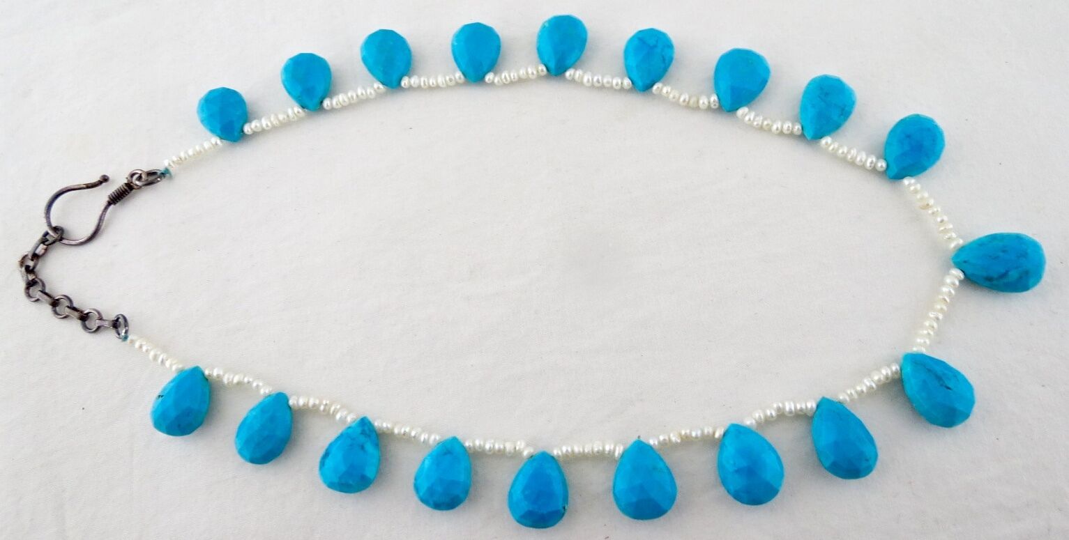 BLUE TURQUOISE MAGNESITE FACETED TEAR DROP BEADS 205 CTS PEARL SILVER NECKLACE
