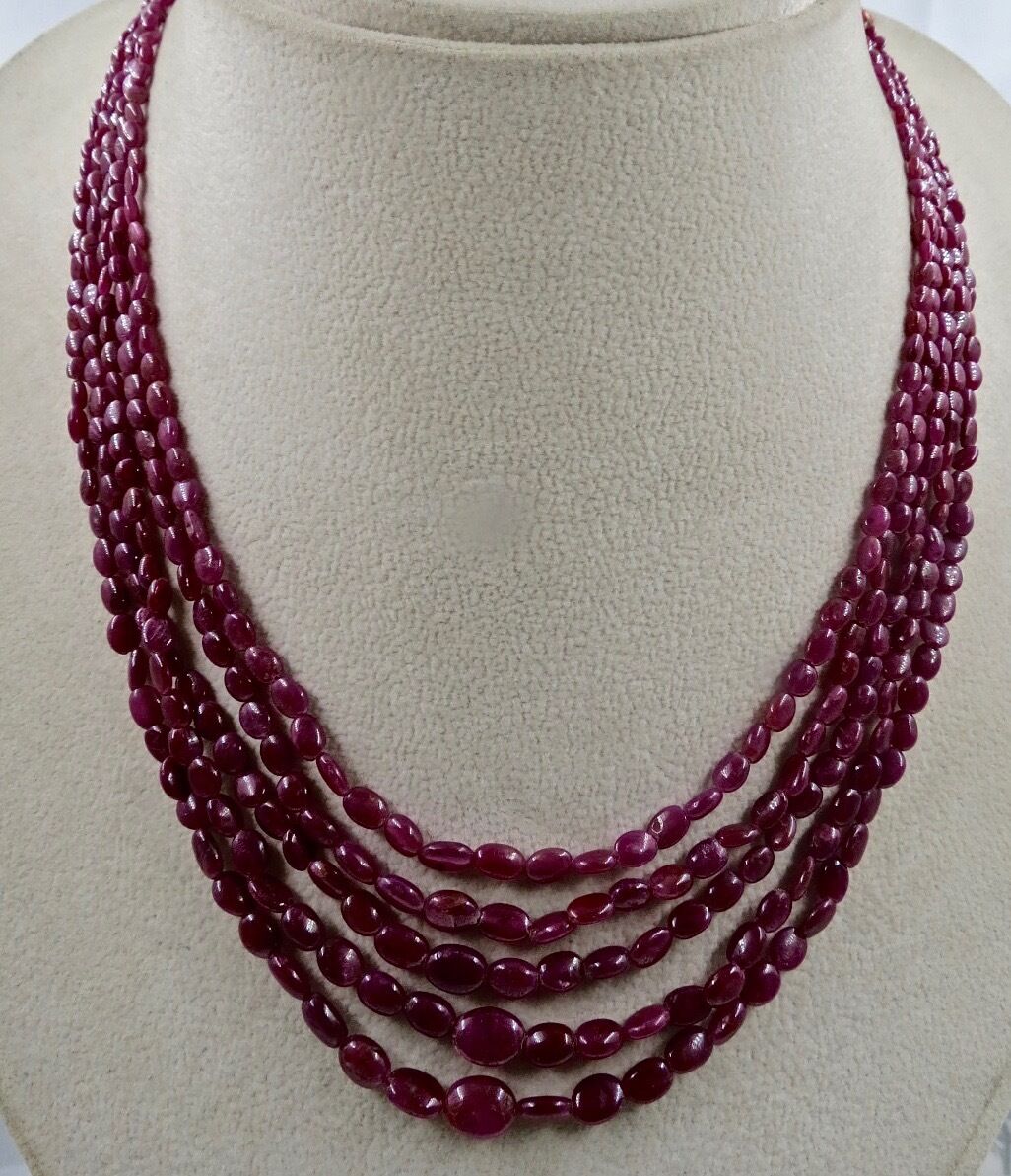 UNHEATED NATURAL RUBY BEADS LONG 5 LINE 188 CARATS GEMSTONE BEADED NECKLACE