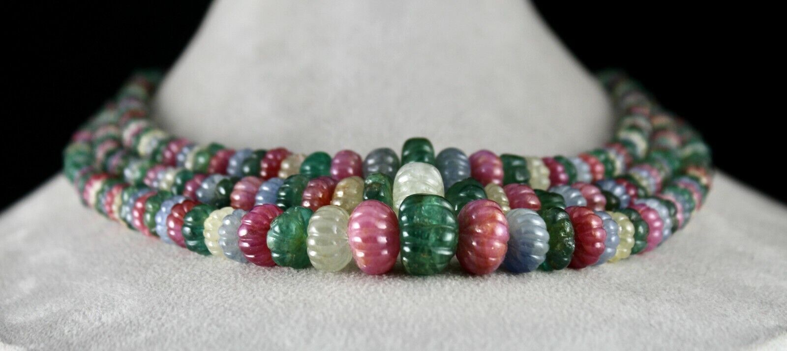 Certified Natural Emerald Ruby Sapphire Beads 1173 Ct Melon Carved Fine Necklace