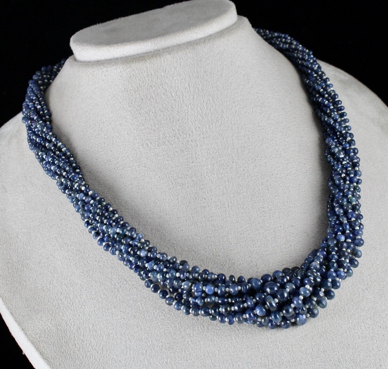 Certified Blue Sapphire & Pearl Round Beaded Necklace -11 L/649 Ct /Silver Clasp