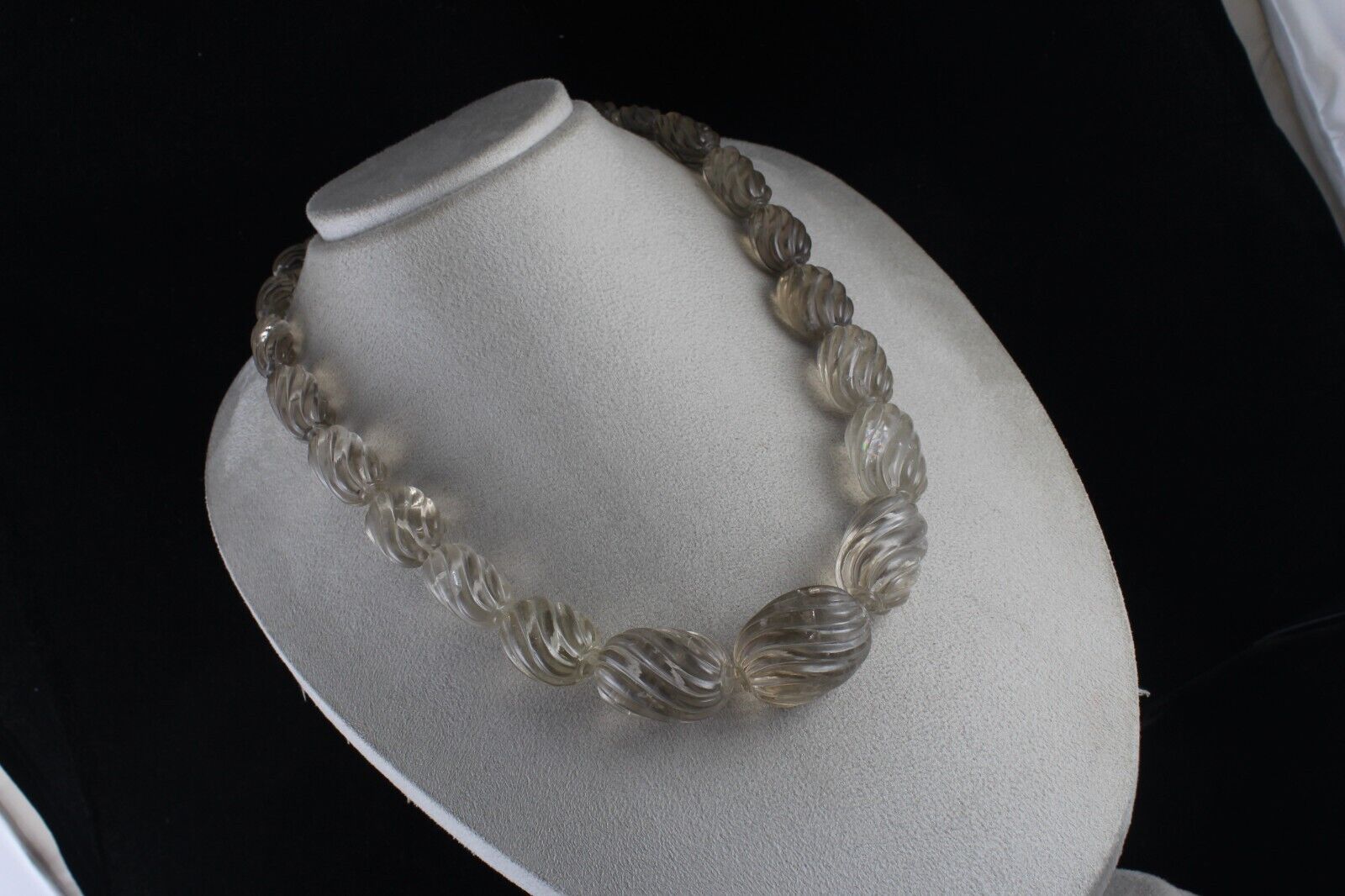 BIG NATURAL SMOKY QUARTZ BEADS CARVED OVAL 1195 CT GEMSTONE SILVER NECKLACE