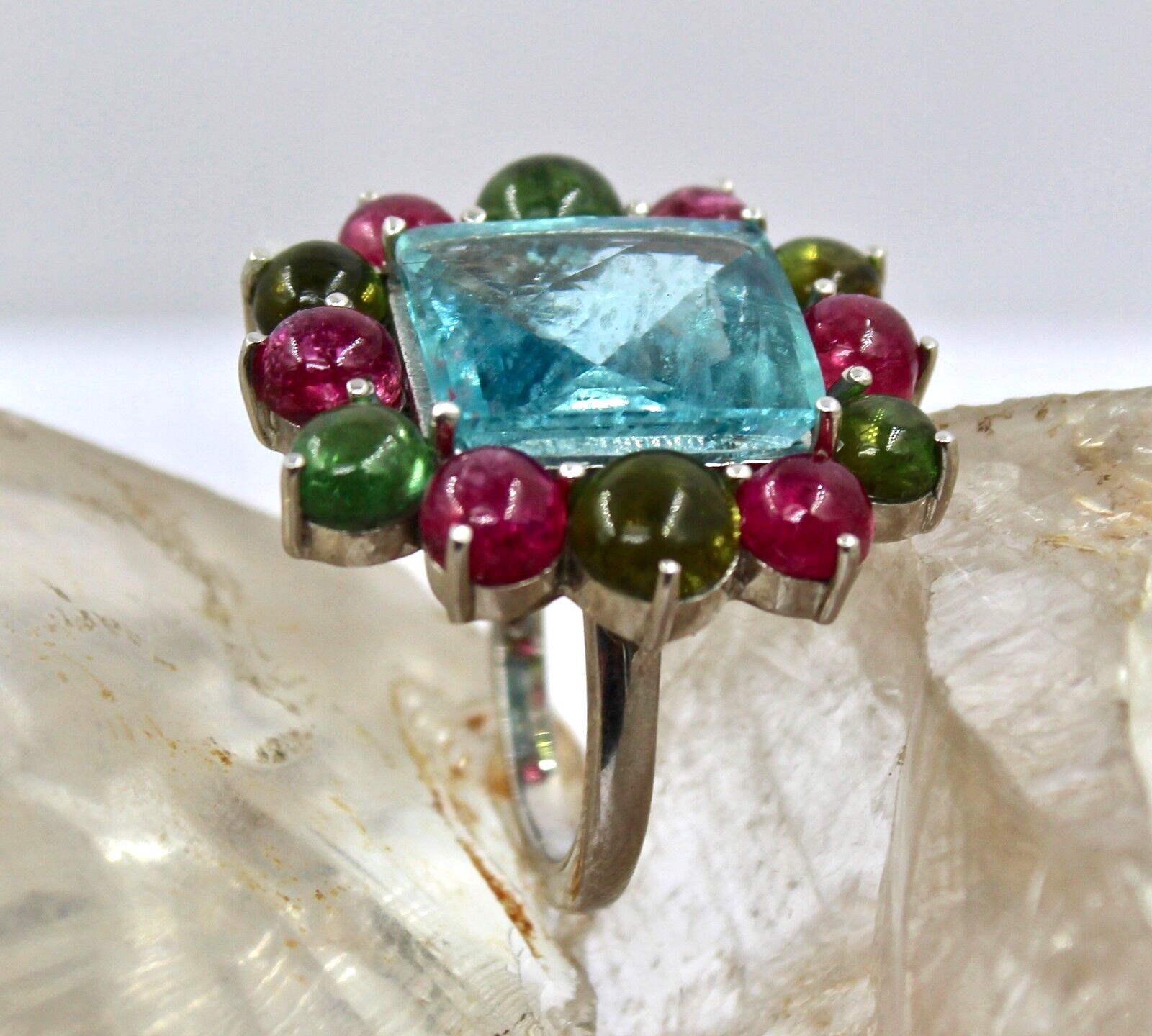 Certified Natural Blue Aquamarine 48ct Square Tourmaline Sterling Silver Ring