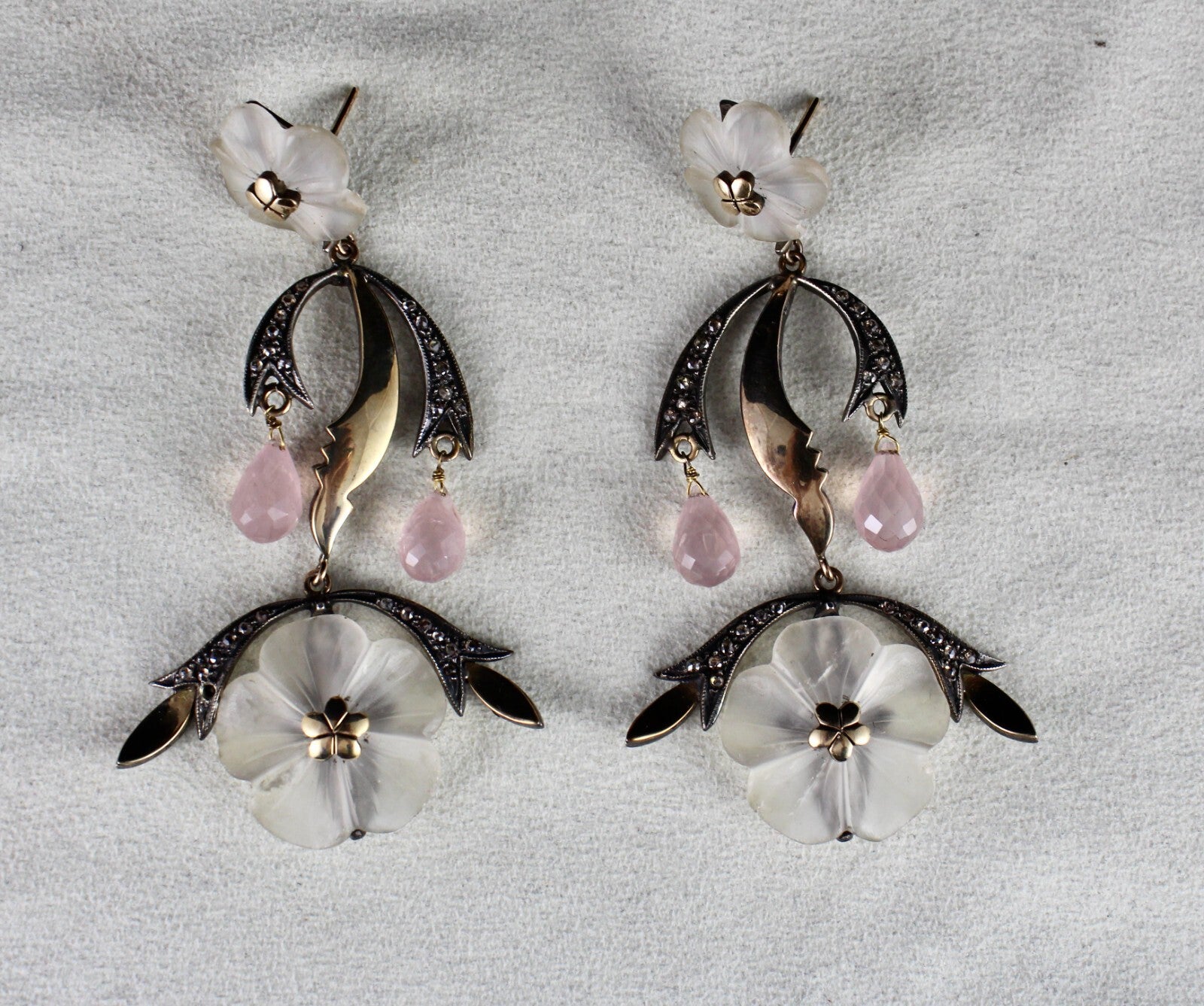 Natural Crystal & Rose Quartz 162.5ct Diamond 18k Gold Sterling Silver Earring