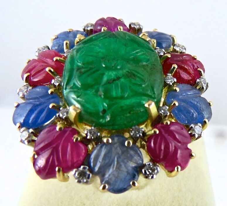 Natural Untreated Emerald Ruby Blue Sapphire Carved Diamond 18K Gold Fine Ring