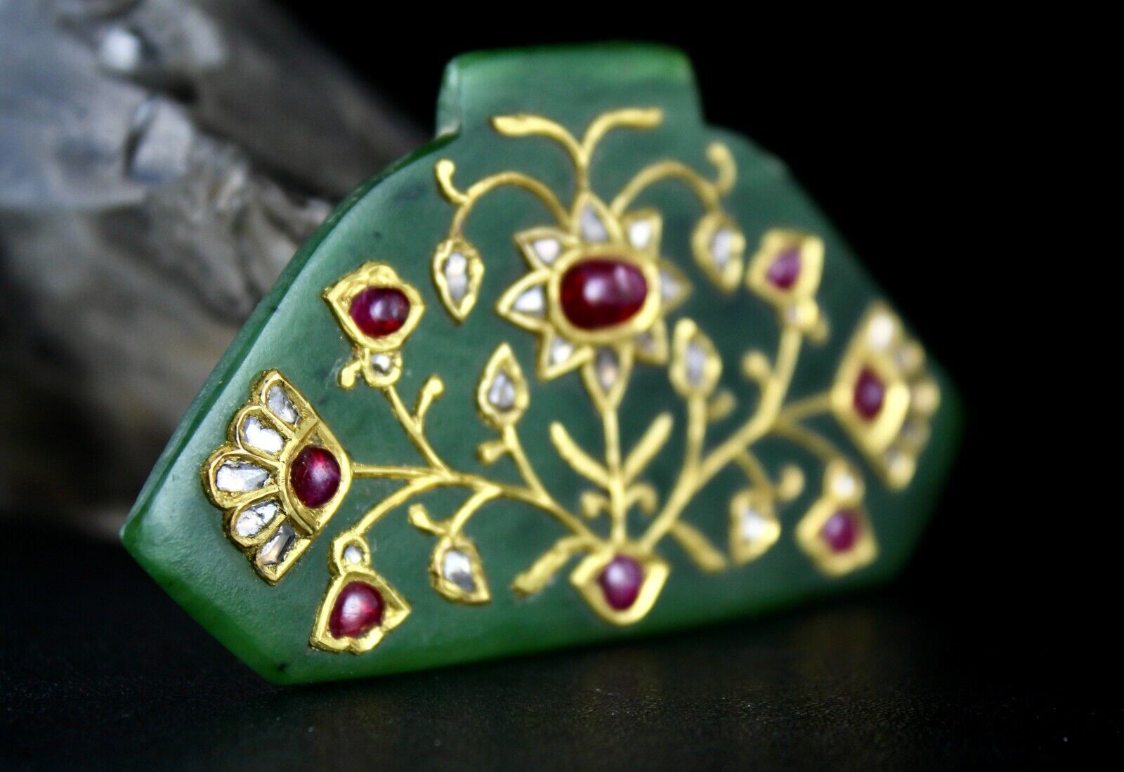 Natural Green Jade Old Pendant Flat Diamond Ruby 22K Gold Jadau Statement Piece