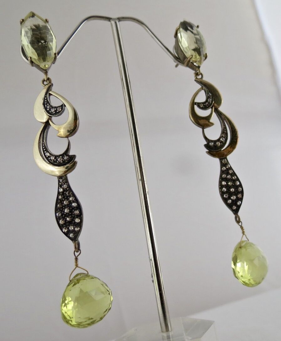 NATURAL LEMON QUARTZ TEAR DROPS DIAMOND 18K GOLD 925 SILVER VICTORIAN EARRING