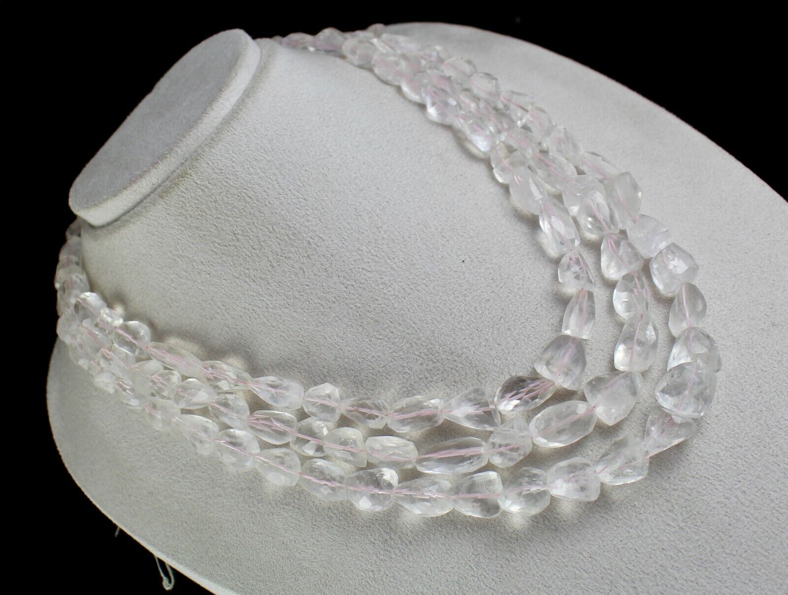NATURAL PINK AQUAMARINE FACETED TUMBLE BEADS 3 LINE 1094 CARAT GEMSTONE NECKLACE
