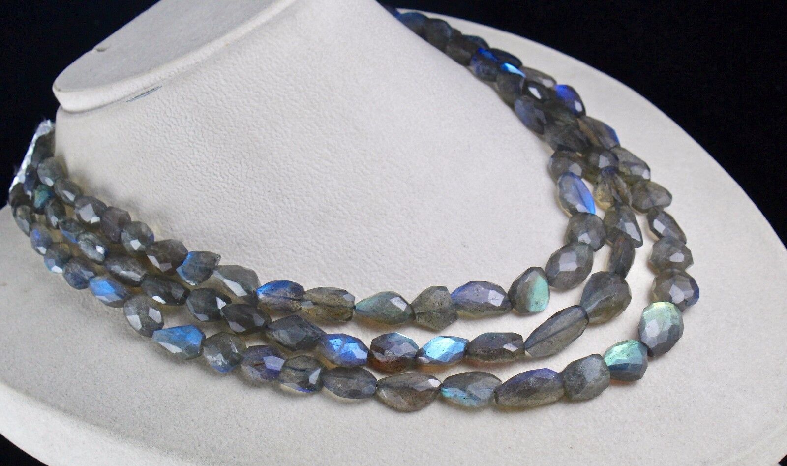 NATURAL BLACK LABRADORITE BEADS FACETED TUMBLE 3 LINE 573 CTS GEMSTONE NECKLACE