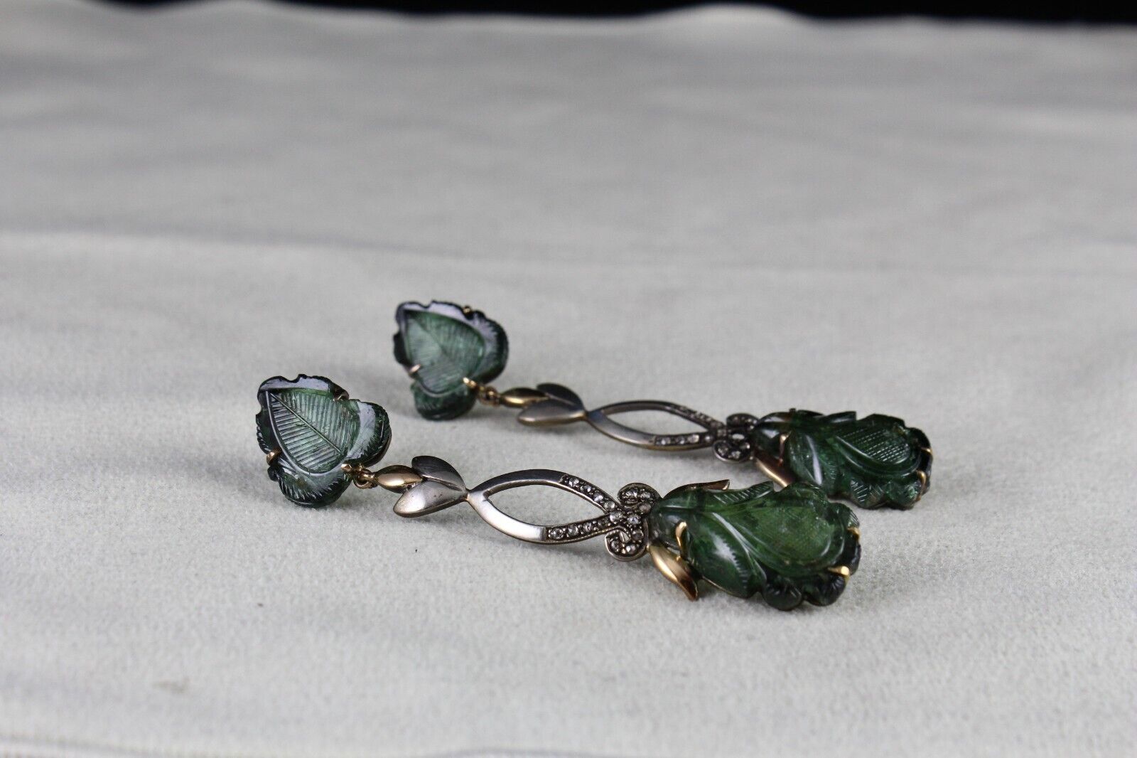 Natural Green Tourmaline Stone Diamond 18k Gold Silver Dangle Victorian Earring