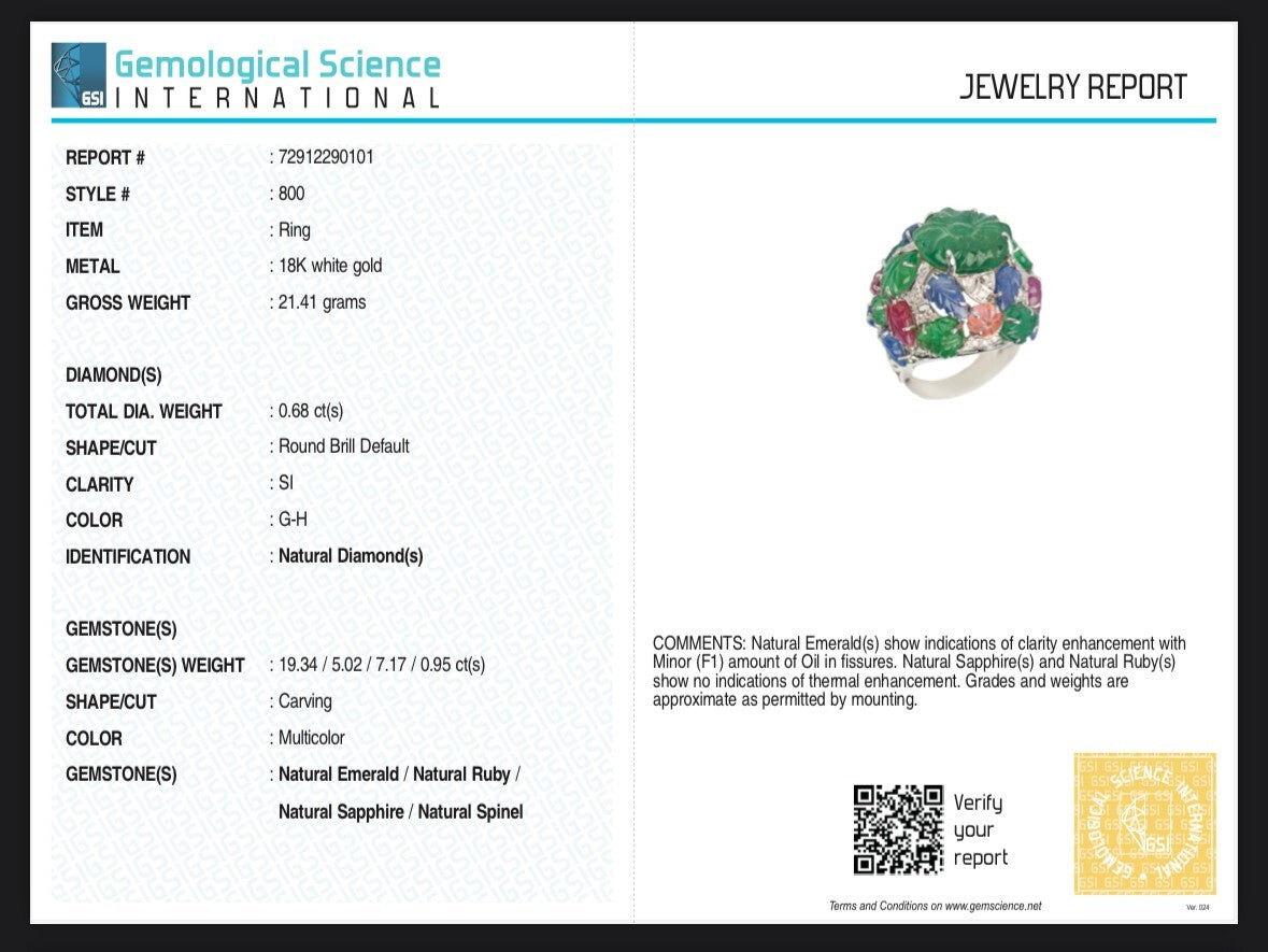 Certified Emerald Spinel Ruby 10ct Natural Diamond 18k Gold Tutti Frutti Ring
